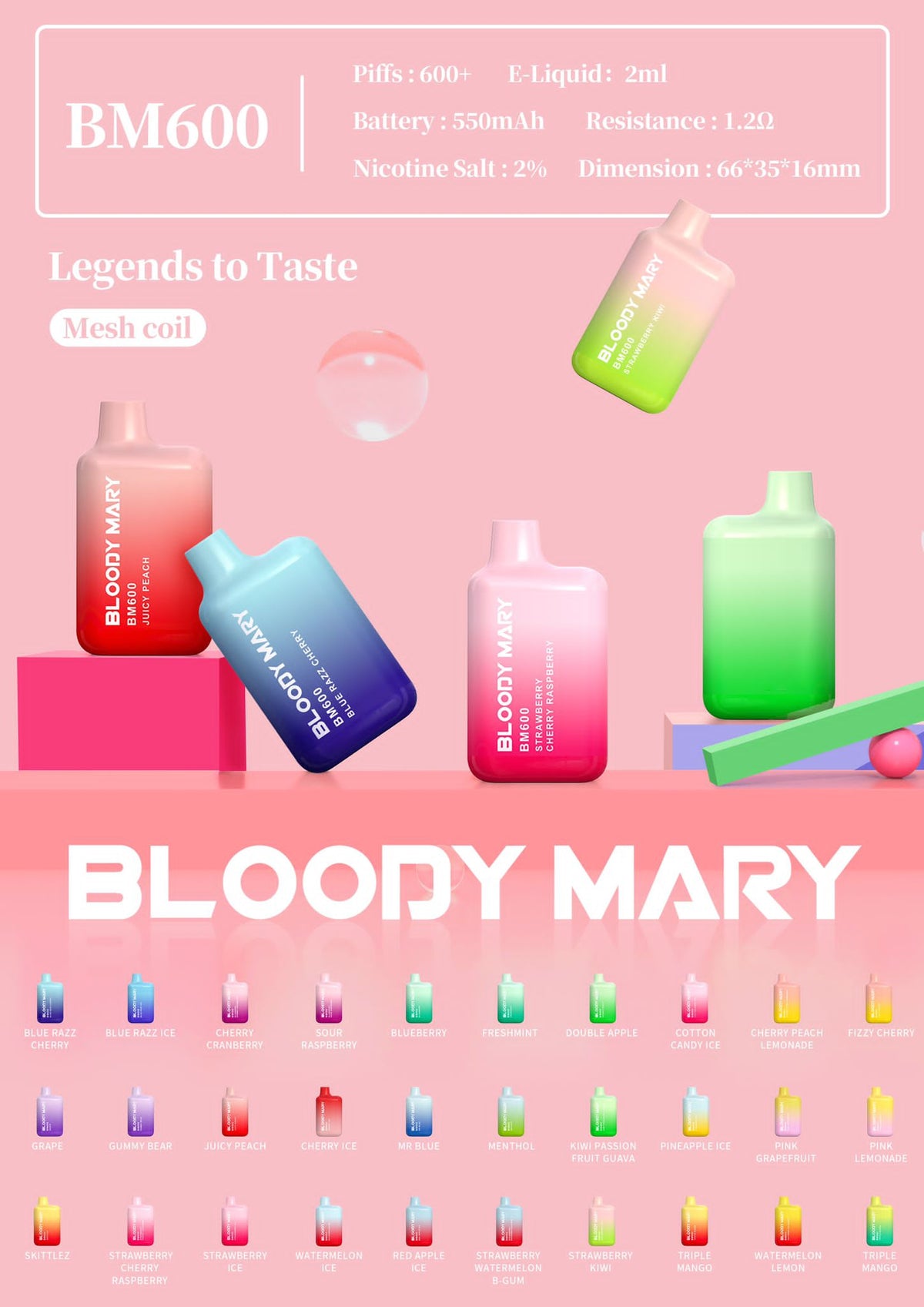 Bloody Mary BM600 Vape Pod Box of 10